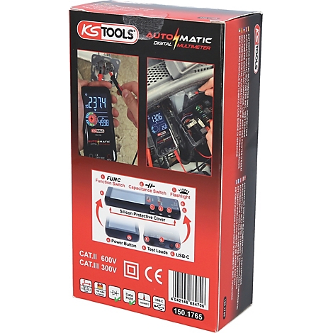 Detailansicht eines Kartons für ein KS Tools Automatic Digital Multimeter mit Anwendungsbeispielen und Produktmerkmalen.